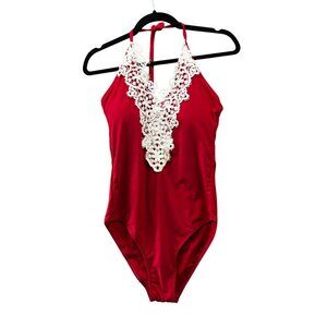 Womens One Piece Swimsuit Size M Padded Crochet Boho‎ Brown Halter Strap